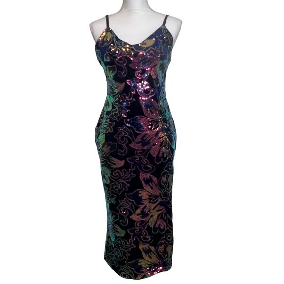 Chicme Sequin Midi Dress Blue M All Over Sequin Open Back Side Slit Bling Party - Picture 2 of 16